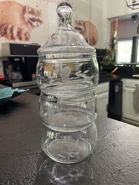 Clear Etched Glass Tiered Vintage Candy/Nut Canister with Lid